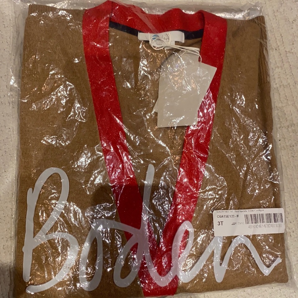 Boden camel and red cardigan